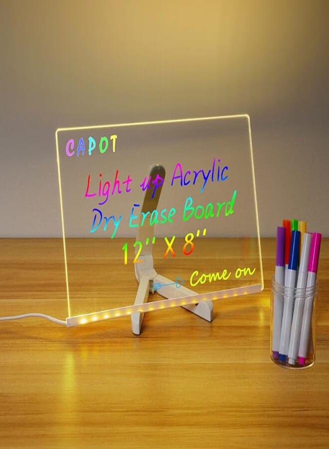 CAPOT Acrylic Dry Erase Board/Luminous Acrylic Board for Office/School or Home Desktop as a Note Board/Message Board/LED Letter Message Boards/Desktop Whiteboard with 7 Color Pen